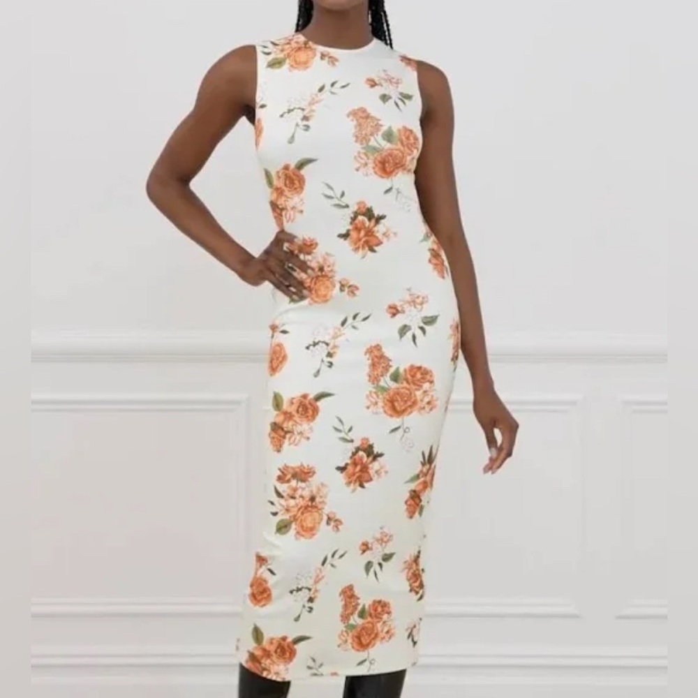 Floral Midi Bodycon Dress in Cream and Orange